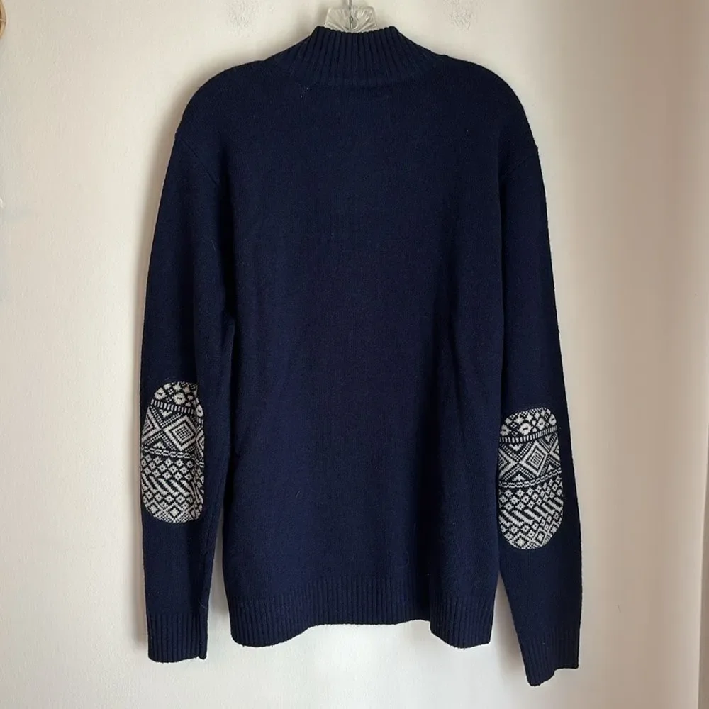 Penguin Dark Blue V-Neck Lambs wool Sweater Geometric Elbow Patch grandpa XL GUC